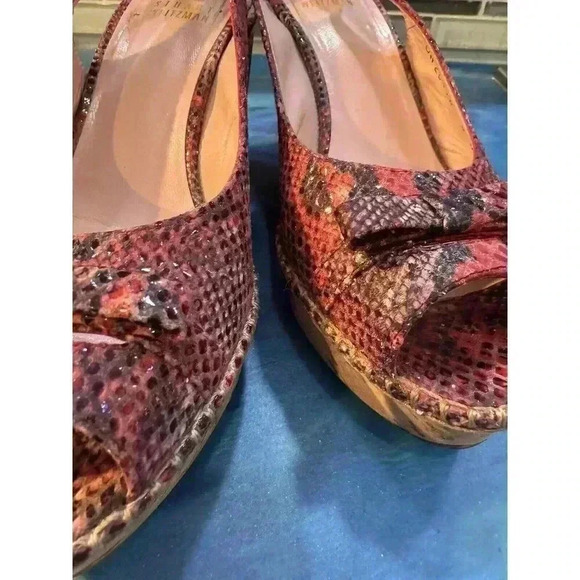 Stuart Weitzman Women’s 6.5 Red Snakeskin Peep Toe Sling Back Cork Wedge Heels - Picture 11 of 11